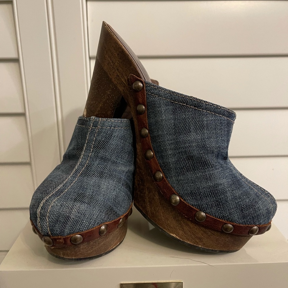 MIU MIU denim wooden platform mules with stud details size 36 1/2